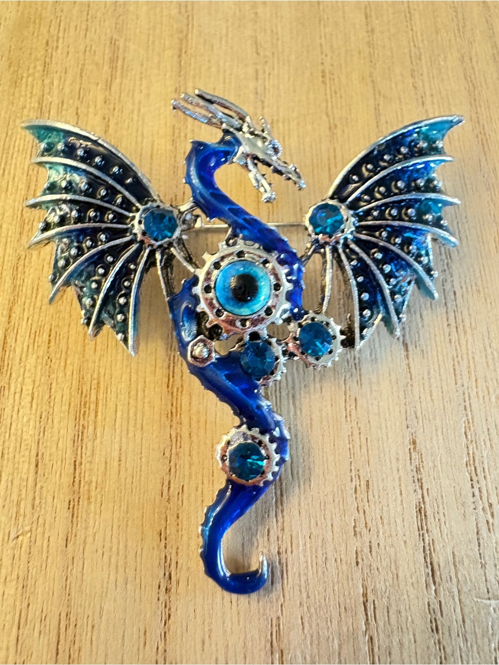 Blue Dragon Wing Brooch with Blue Crystal Accents